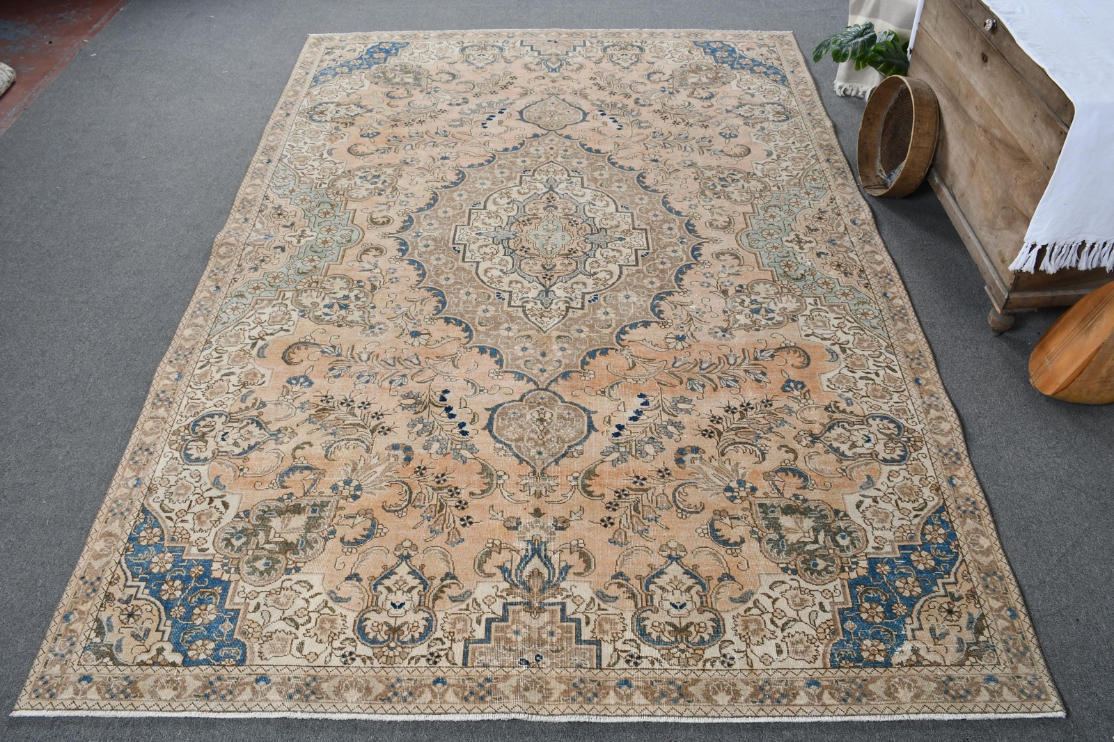 Turkish Rug, Oversize 7×10,2 ft Vintage Rug, Blue Bordered Wool Rug