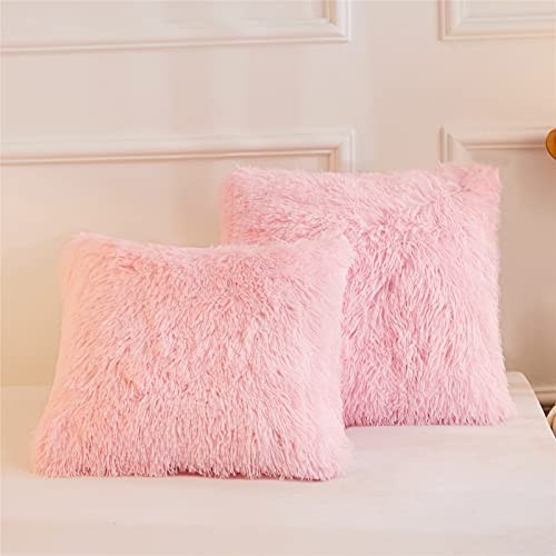 Faux Fur Throw Pillow Covers, Fluffy Soft Fuzzy 18″ x 18″ (Pack of 2) Pink