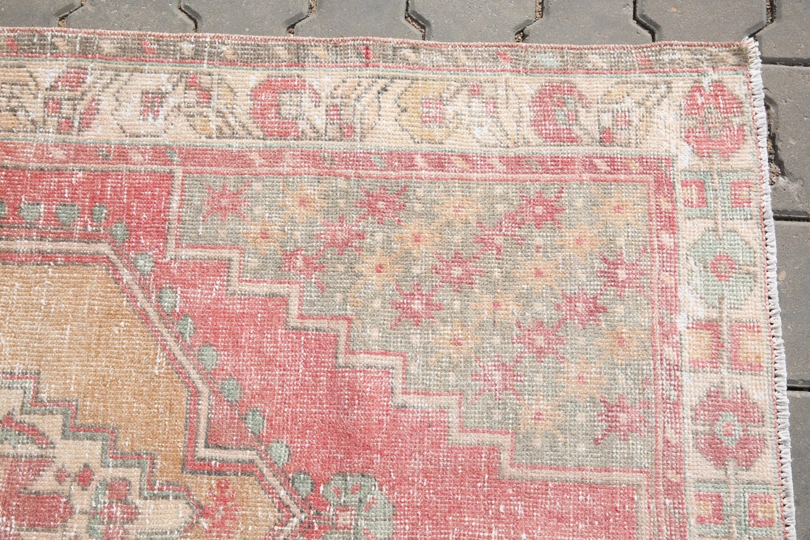 Vintage Turkish Oushak Rug Pink Beige Hand Knotted Wool Area Carpet Boho