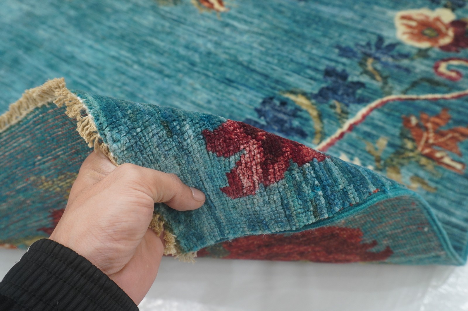 6×8 ft Turquoise Blue Floral Afghan Hand Knotted Wool Area Rug