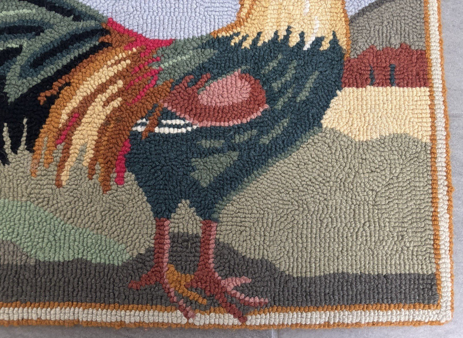 Hooked Rooster Wool Rug 26″x 19″ Colorful Primitive Countrycore -Flaws See Notes