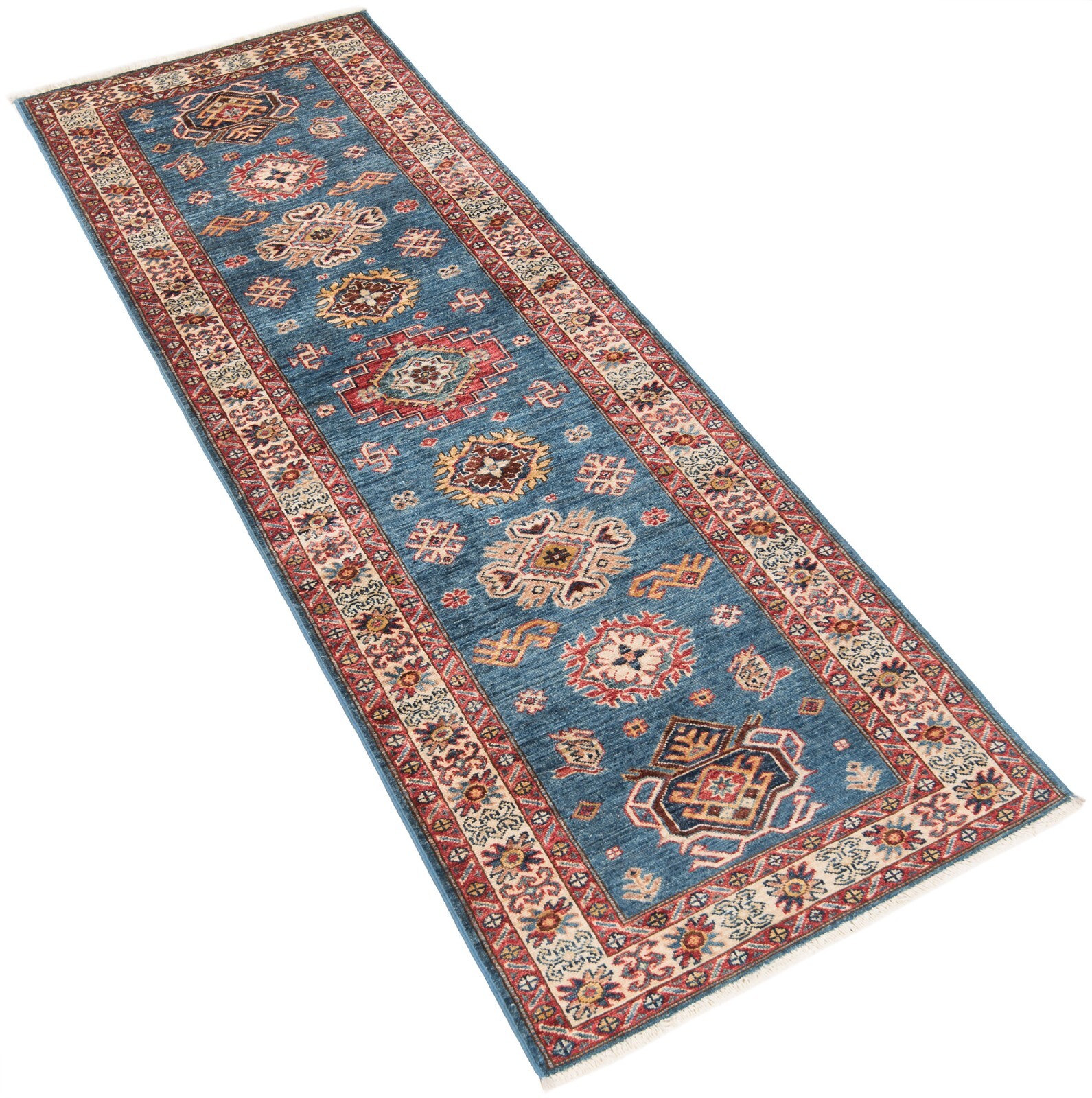 Kazak 238×81 cm Hand Knotted Oriental Carpet Fine Nomadic Rug Runner Blue