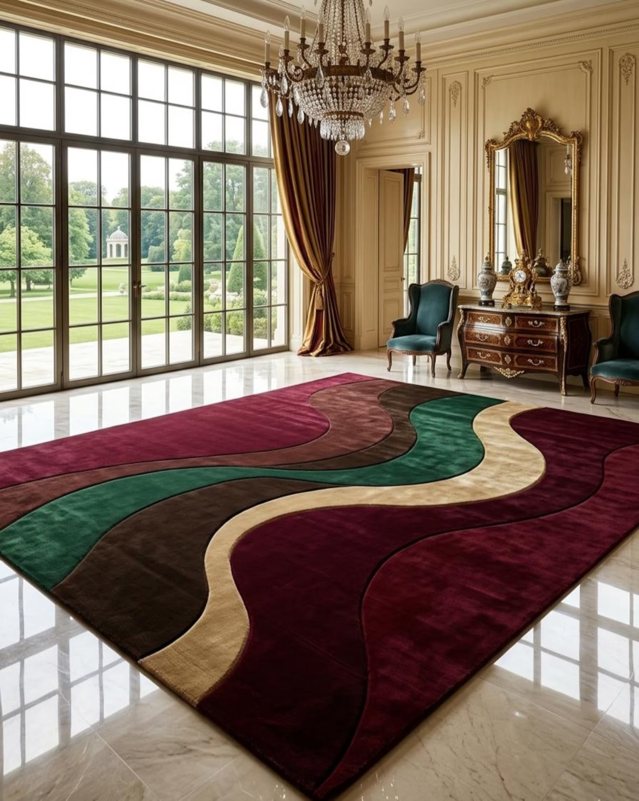 Hand Tufted Abstract Rug, Burgundy Emerald Green Beige Curved Design Carpet