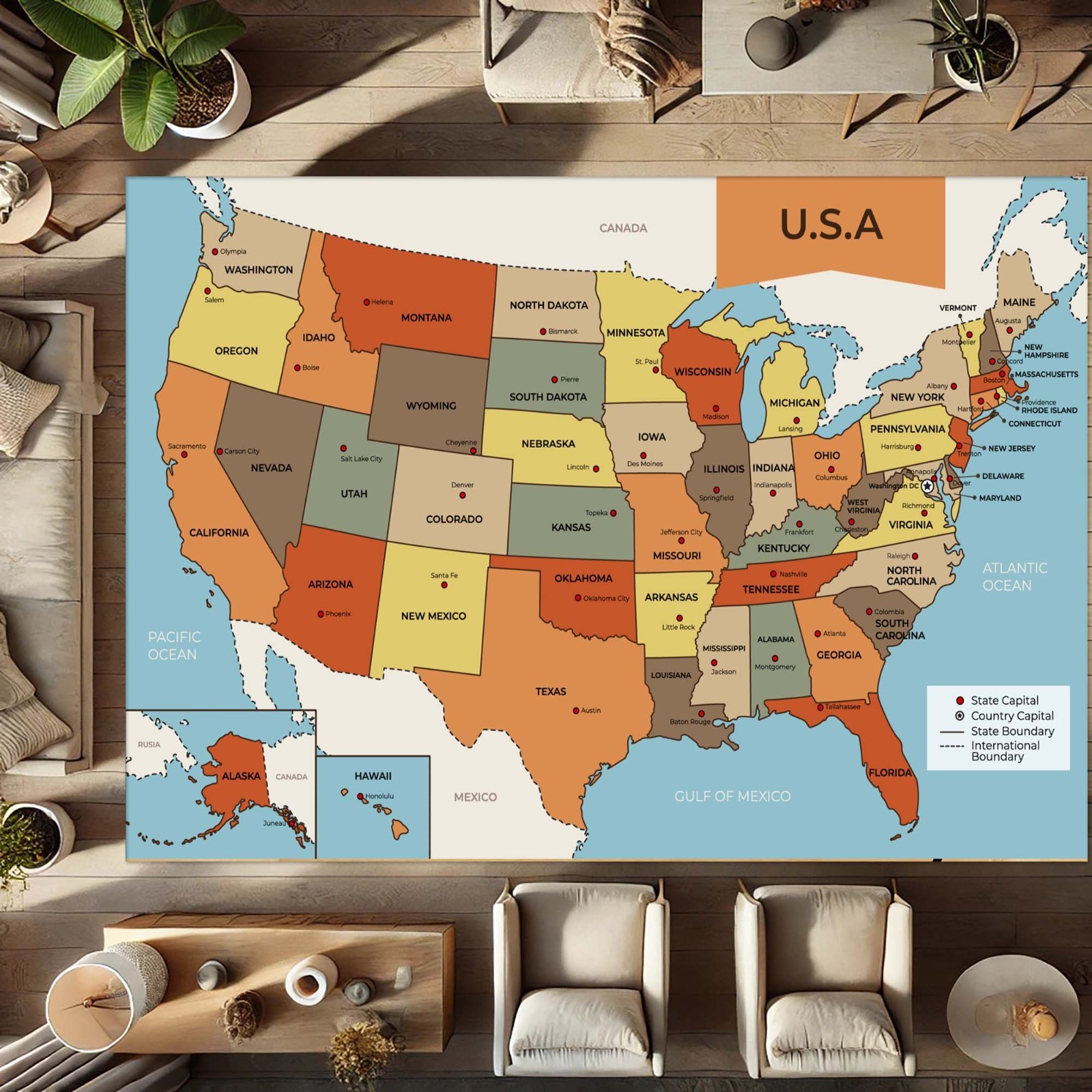 USA Map Rug, Educational Carpet, Geography Learning Mat, United States Classroom