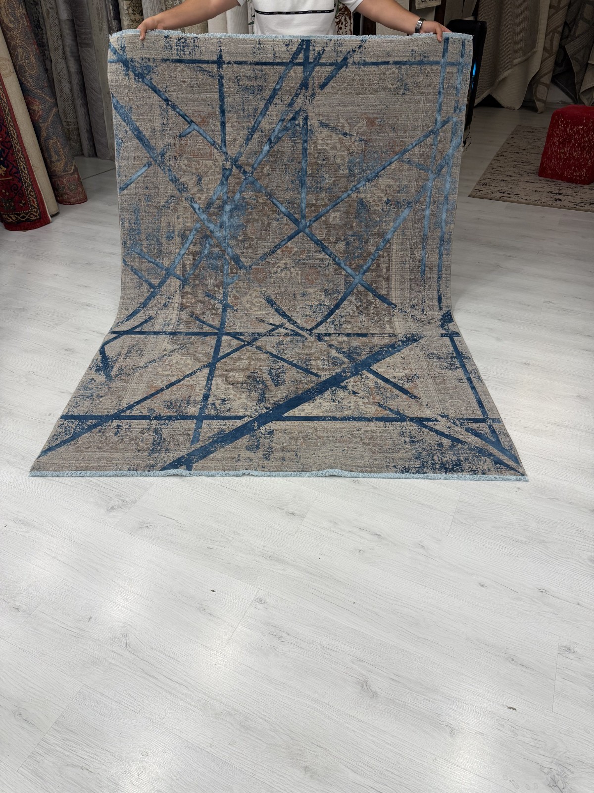 Turkish Bamboo Area Rug 7×10 Modern Abstract Blue Gray Large Machine Made Carpet