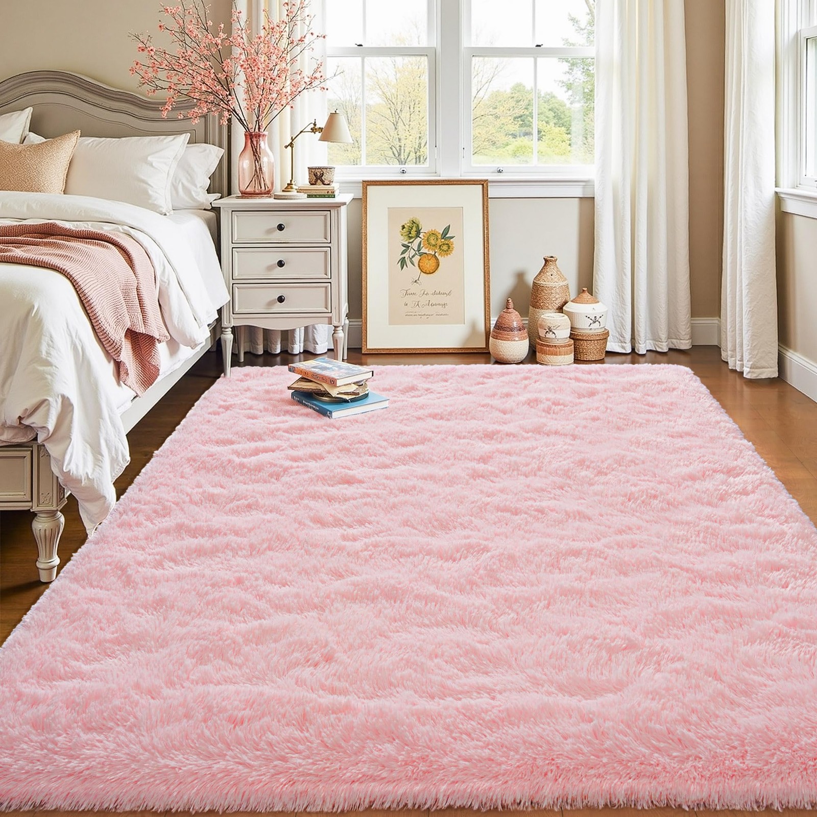 Fluffy Pink Area Rug 4×5.3 Cute Shag Kids Nursery Living Indoor Fuzzy Bedside