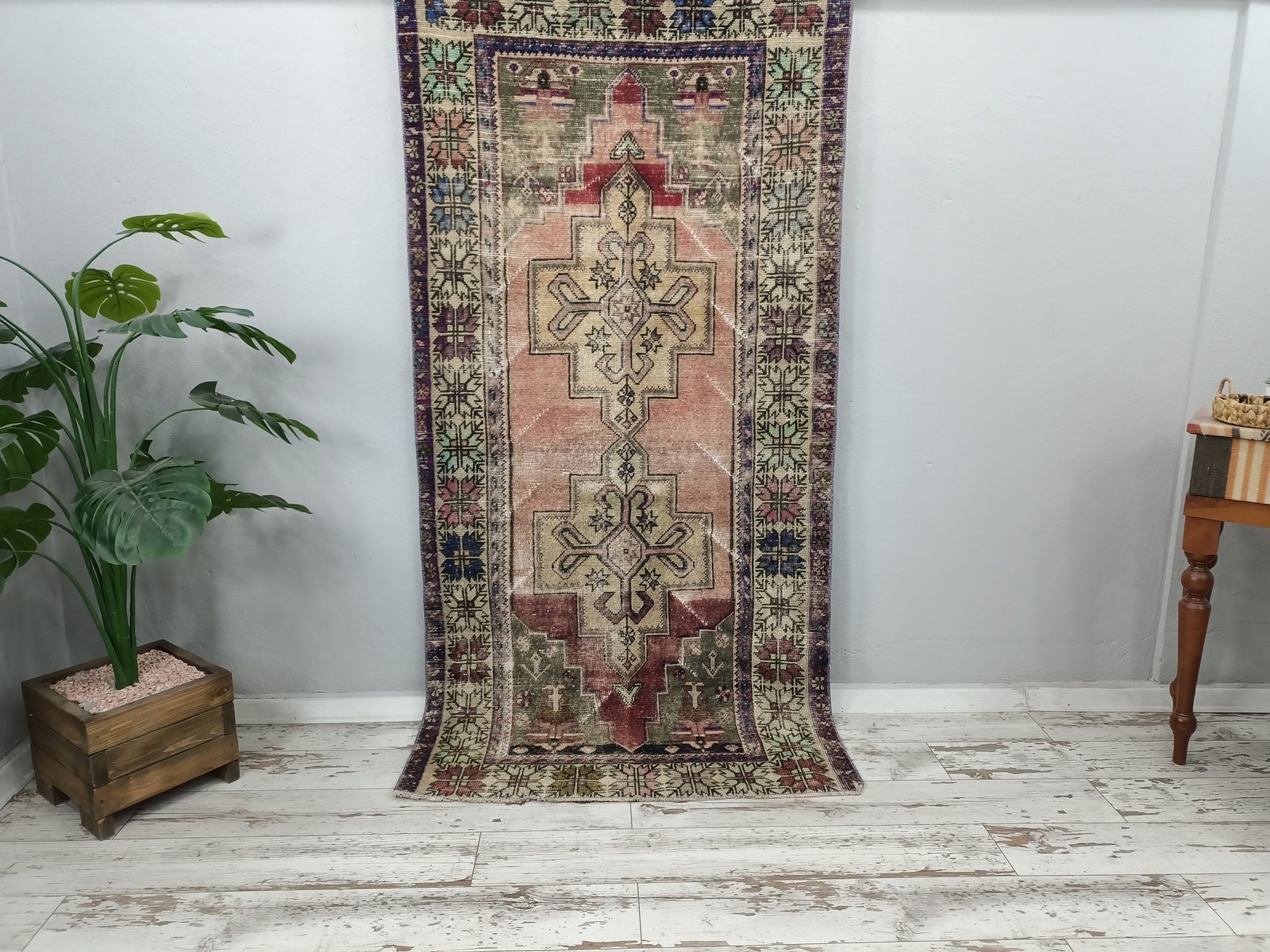 Vintage Pink Rug Handmade Turkish Wool 3.7×7.8 Ft Low Pile Decorative