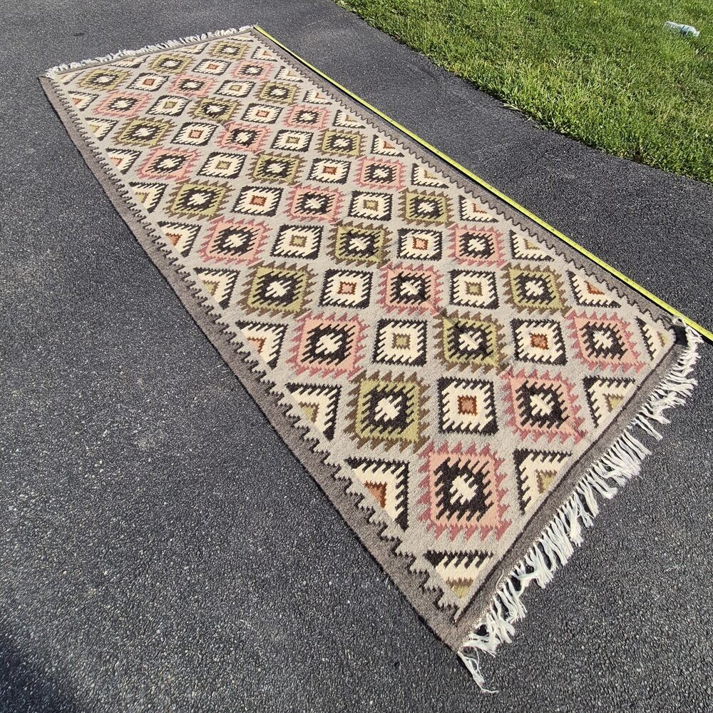 Vintage Balkan Terracotta Tribal Stepped Geometric Flatweave Kilim 4’x9′ Rug …