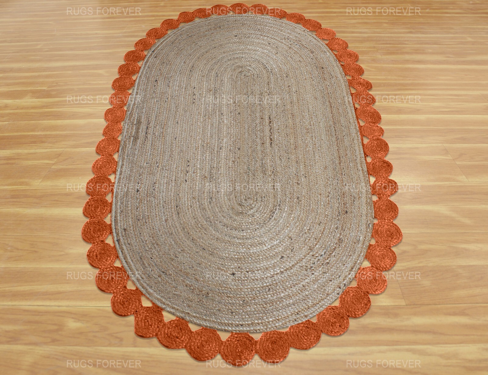 Oval Scalloped Rug Natural Jute Carpets Handmade Blue Living Room Area Rugs 3×5