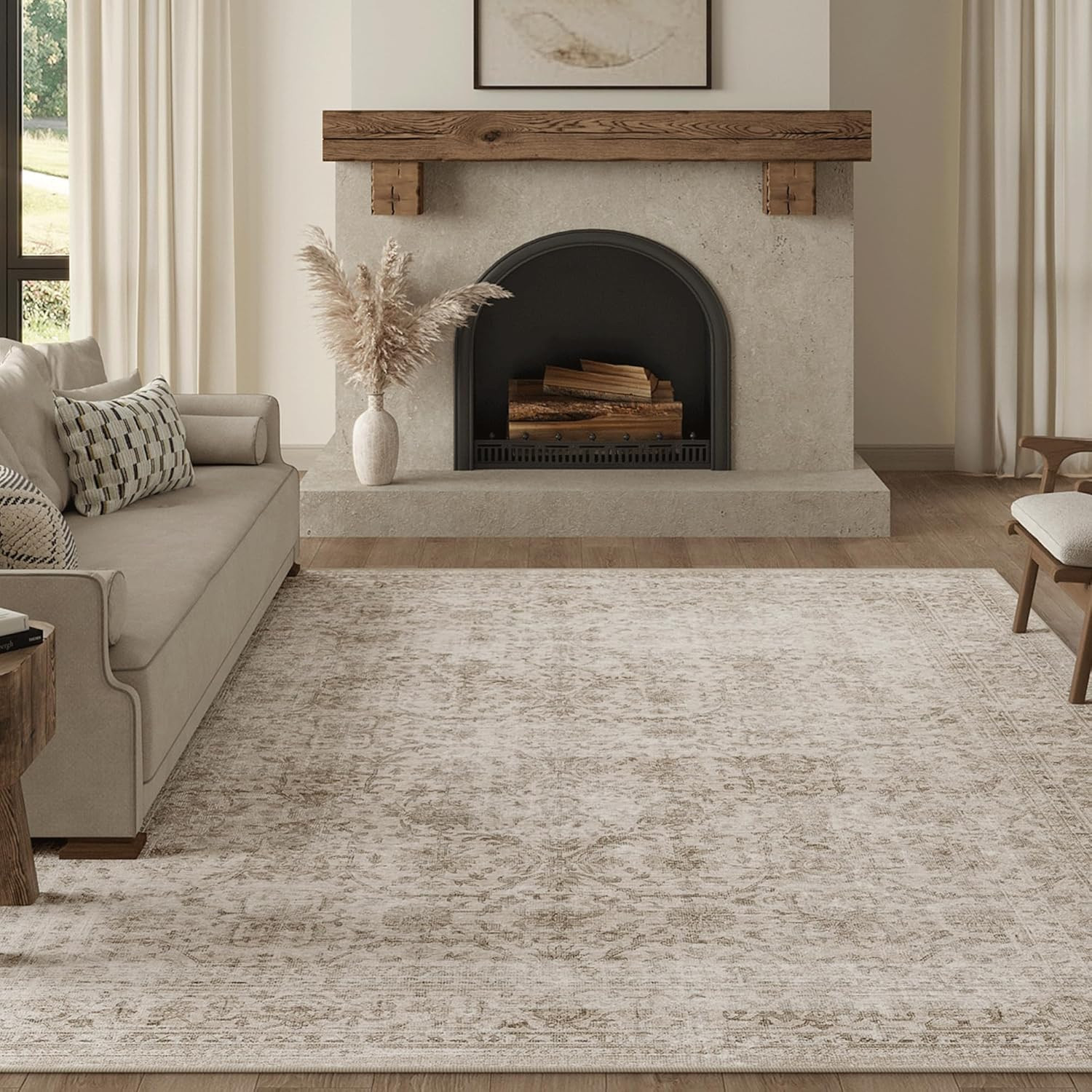 8X10 Washable Area Rug Beige Vintage Neutral Distressed Large Non Slip Carpet fo