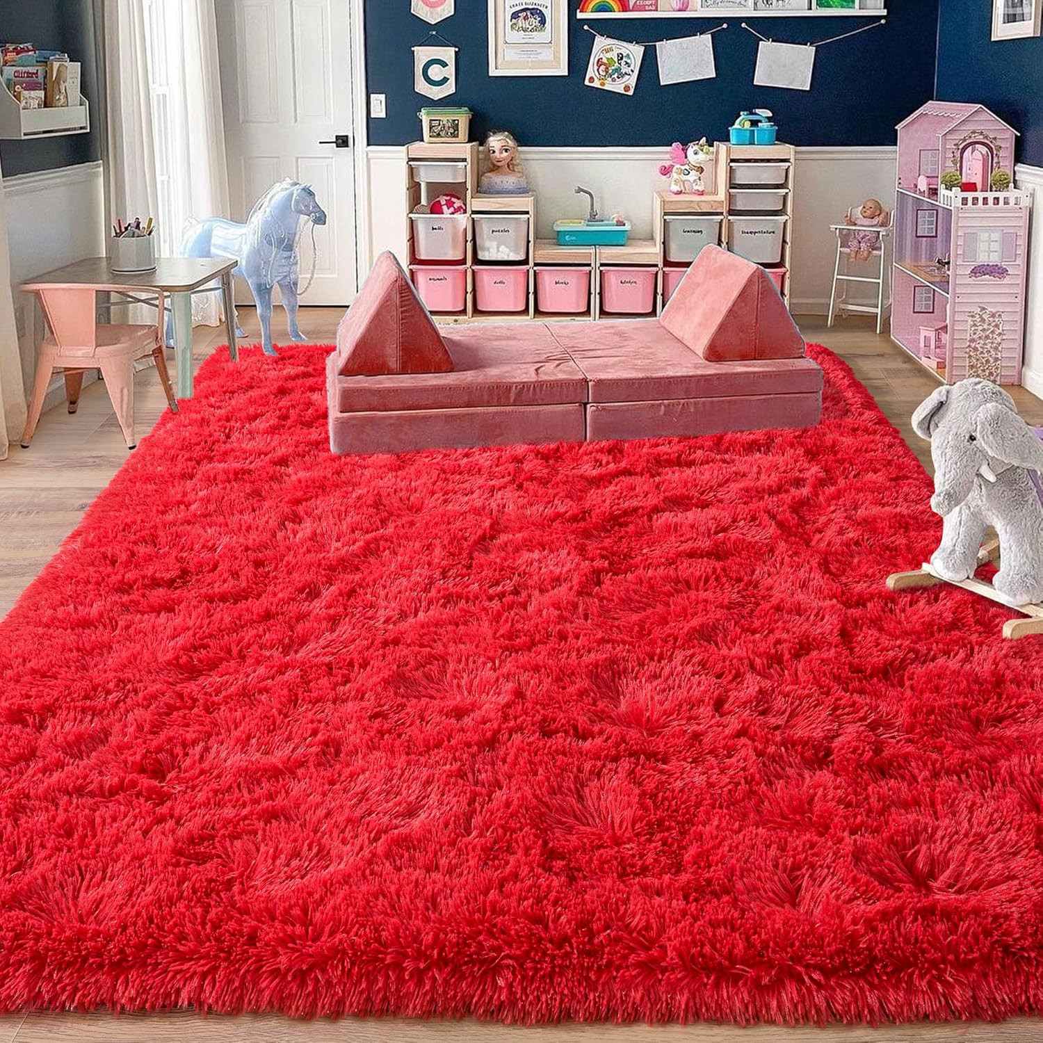Soft Red Shag Area Rug 8×10 – Non-Slip Plush Carpet for Living Room & Kids Room