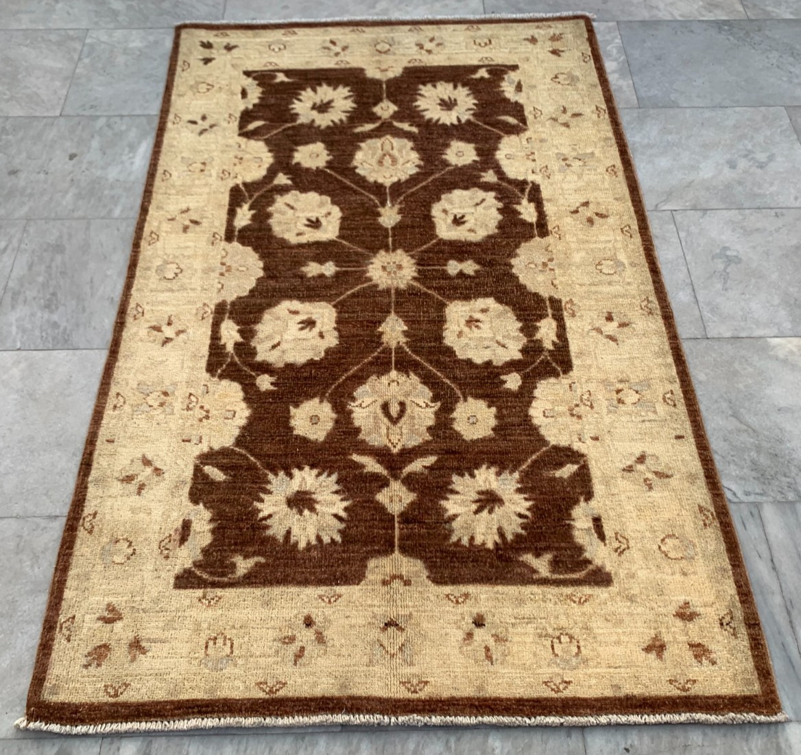 3×5 ft Luxury Floral Afghan Chobi Rug Handmade Brown Rugs Oriental Bedroom Rug