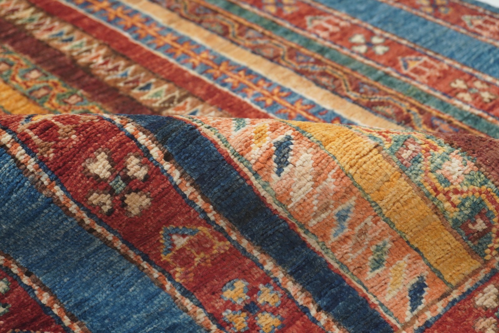 3×4 ft Blue Turkish Shawl Striped Hand Knotted Wool Tribal Area Rug