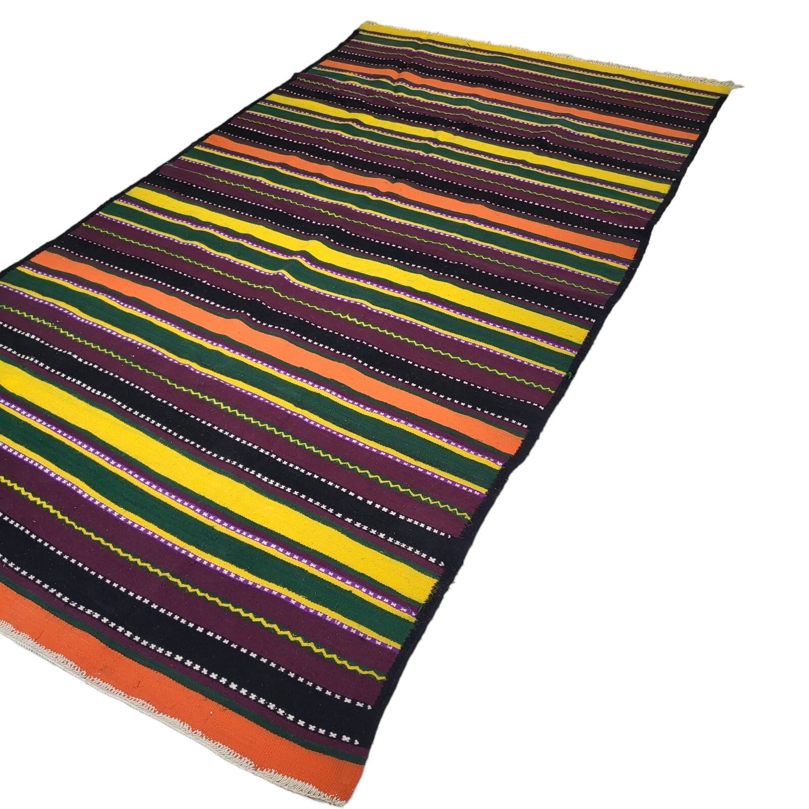 Vintage Handmade Moroccan Rug Orange Black Gold Stripe Berber Tribal Wool Carpet