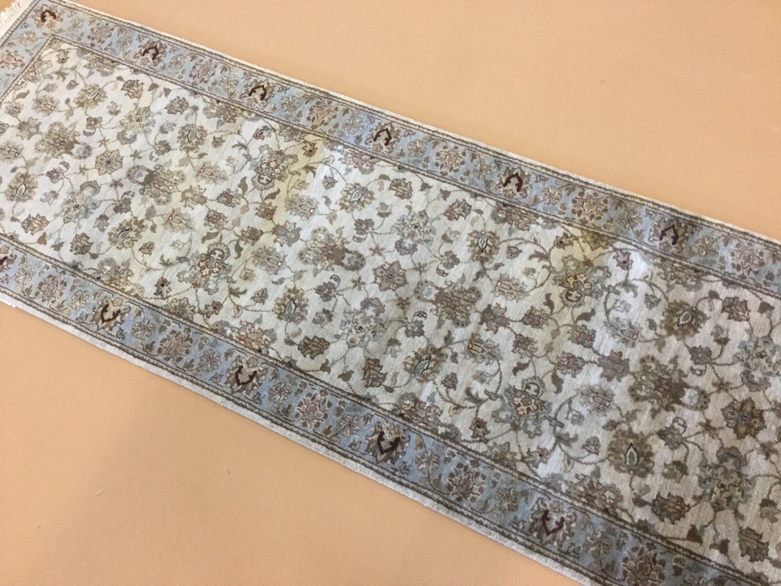 2’.6” X 8’.3” Beige Light Blue Traditional Hand Knotted Oriental Rug Runner Wool