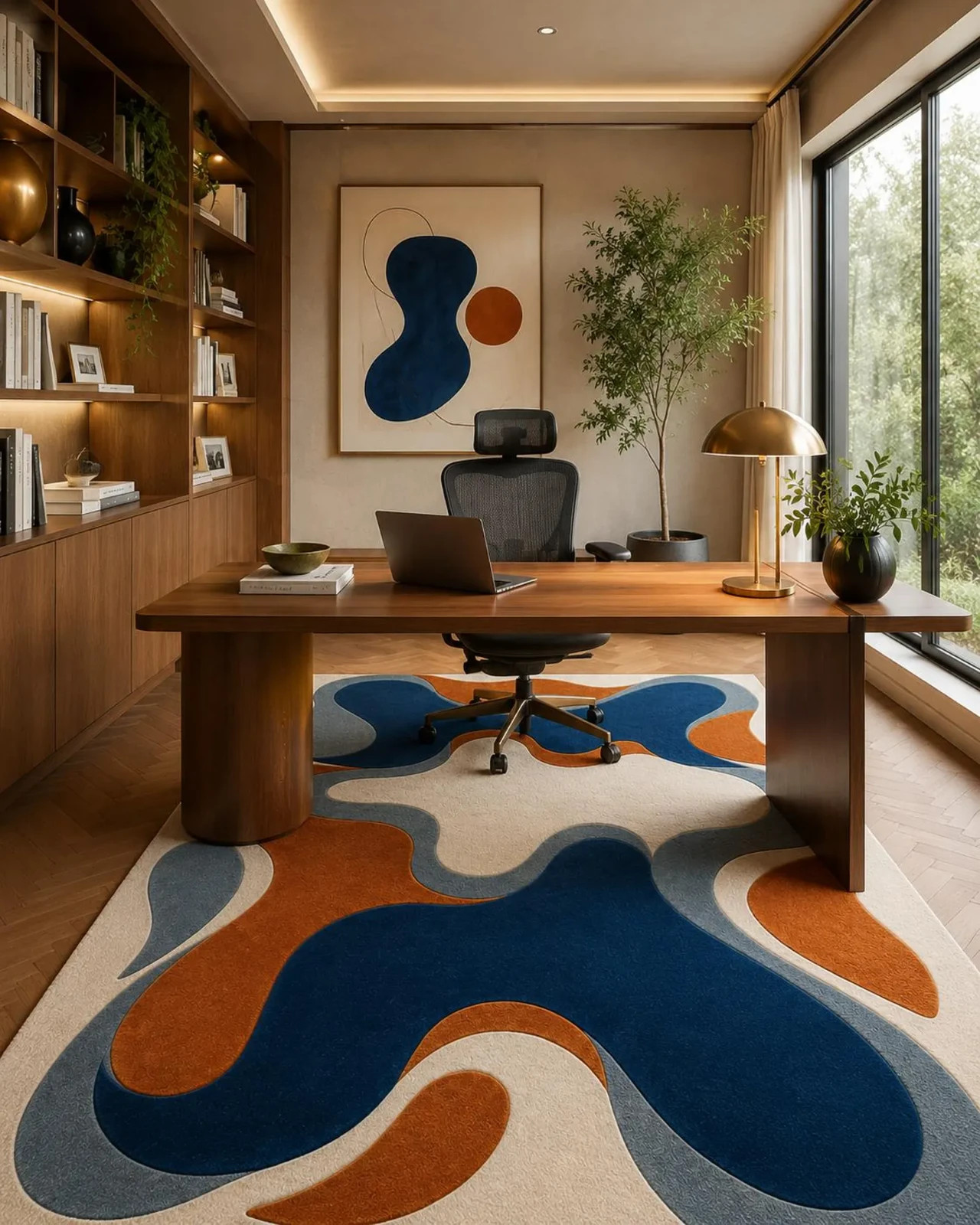 Hand Tufted Wool Rug, Abstract Organic Shape, Navy Blue Rust Beige Carpet Rug