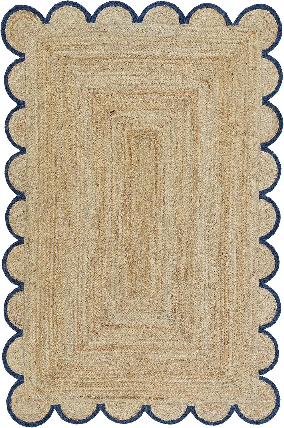 Navy Trim Scalloped Jute Area Rug – 3′ x 5′ Natural Fiber Charm