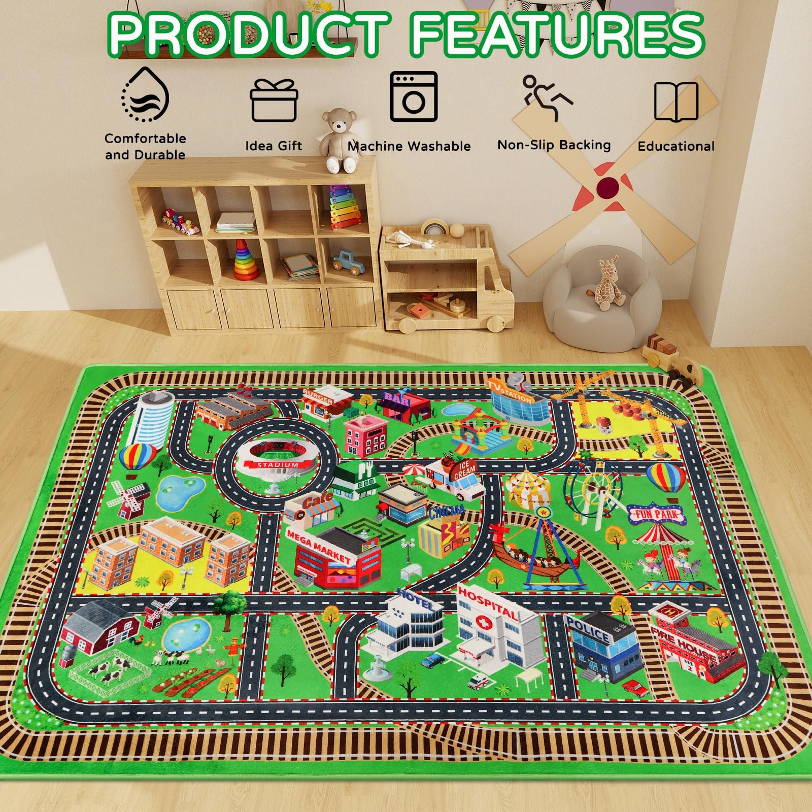 Kids Rug Play Mat for Toy Cars, City Life 3D Road Traffic 39.4″×59″ for Playr…