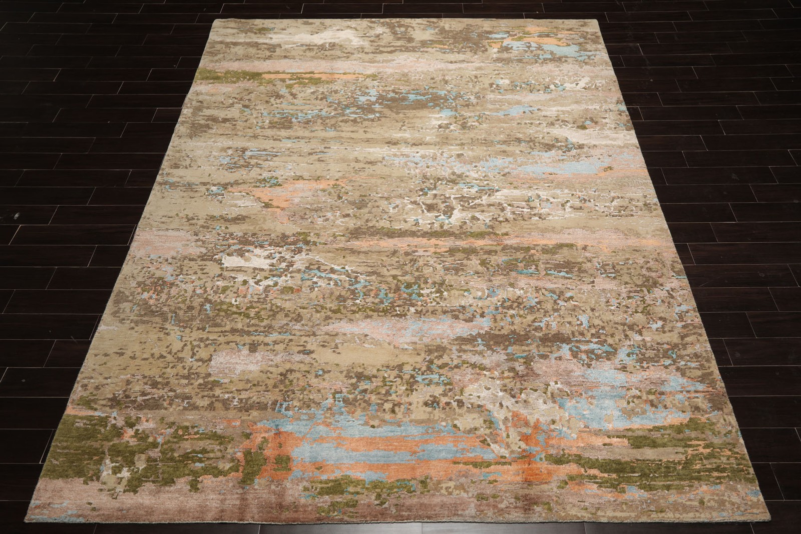 9×12 Beige, Green Hand Knotted Tibetan Sherpa Contemporary Wool & Silk Area Rug