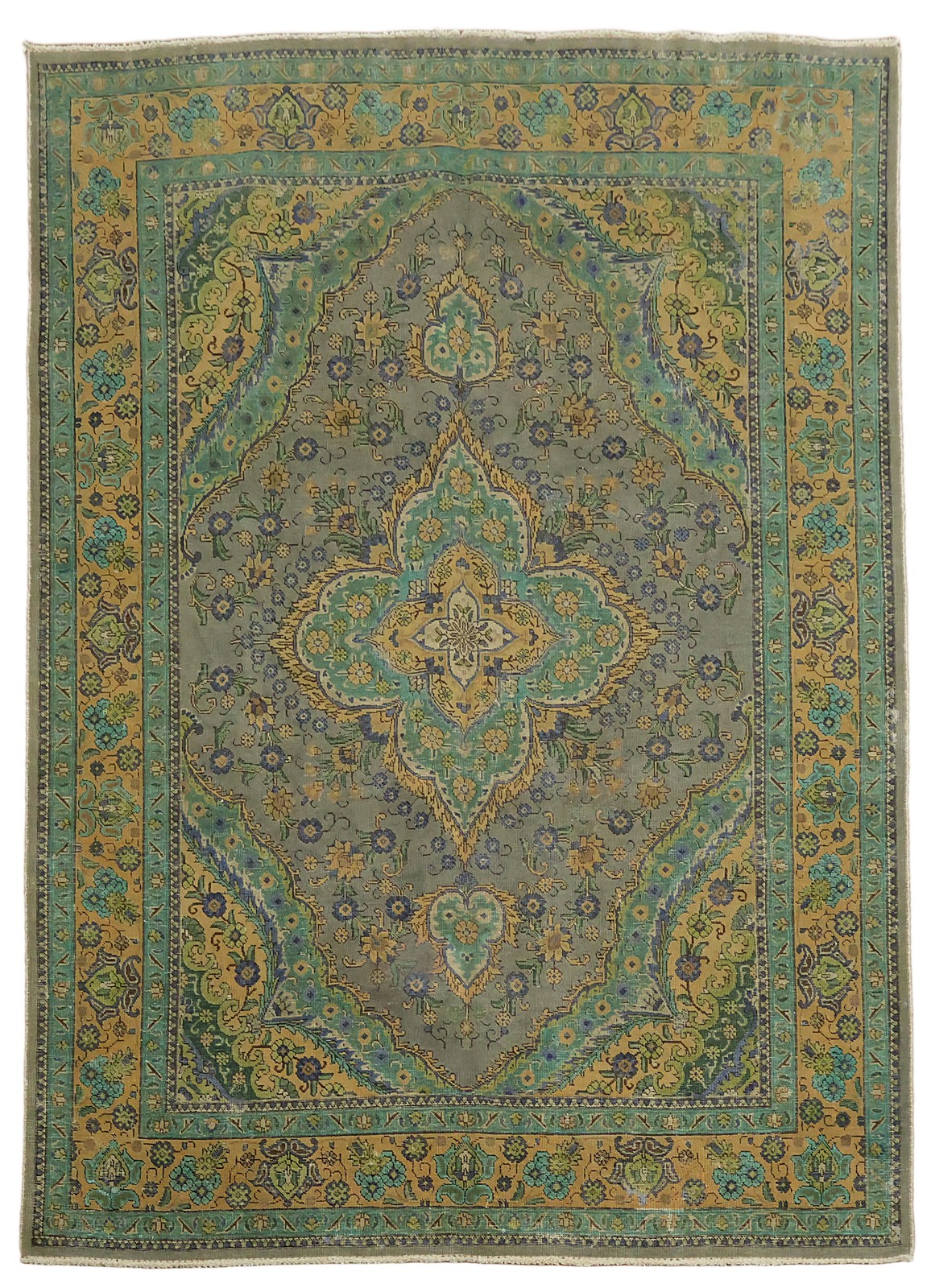 7×10 Over-Dyed Hues of Green Medallion Hand-Knotted Wool Area Rug