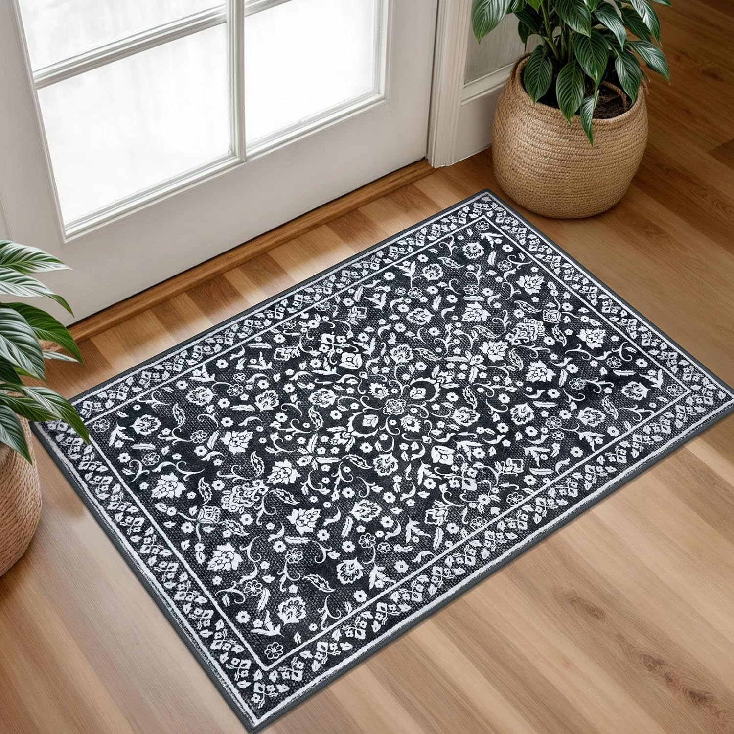 Vintage Entryway Rug Indoor, Charcoal Black White Washable Rug 2×3, Non-Slip Sma