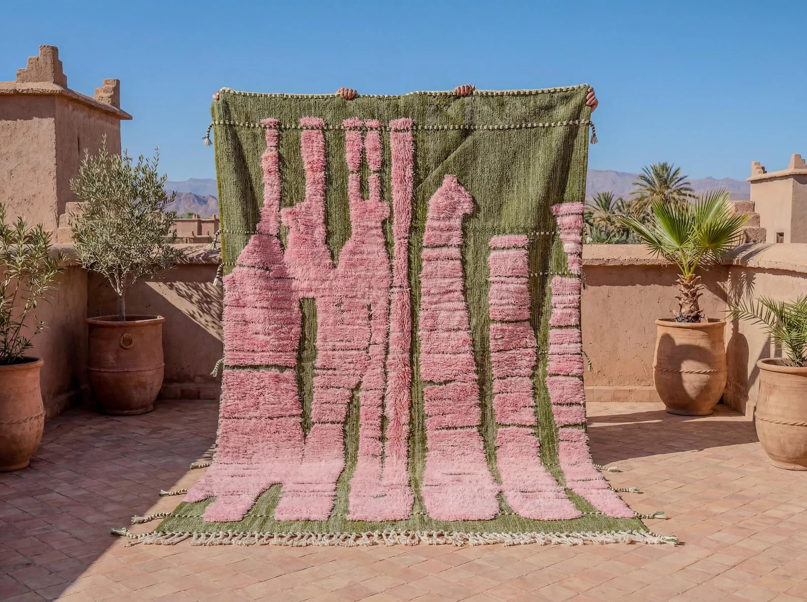 Green & Pink Bohemian Rug – Handmade Moroccan Wool Area Rug, Modern Design Rug.