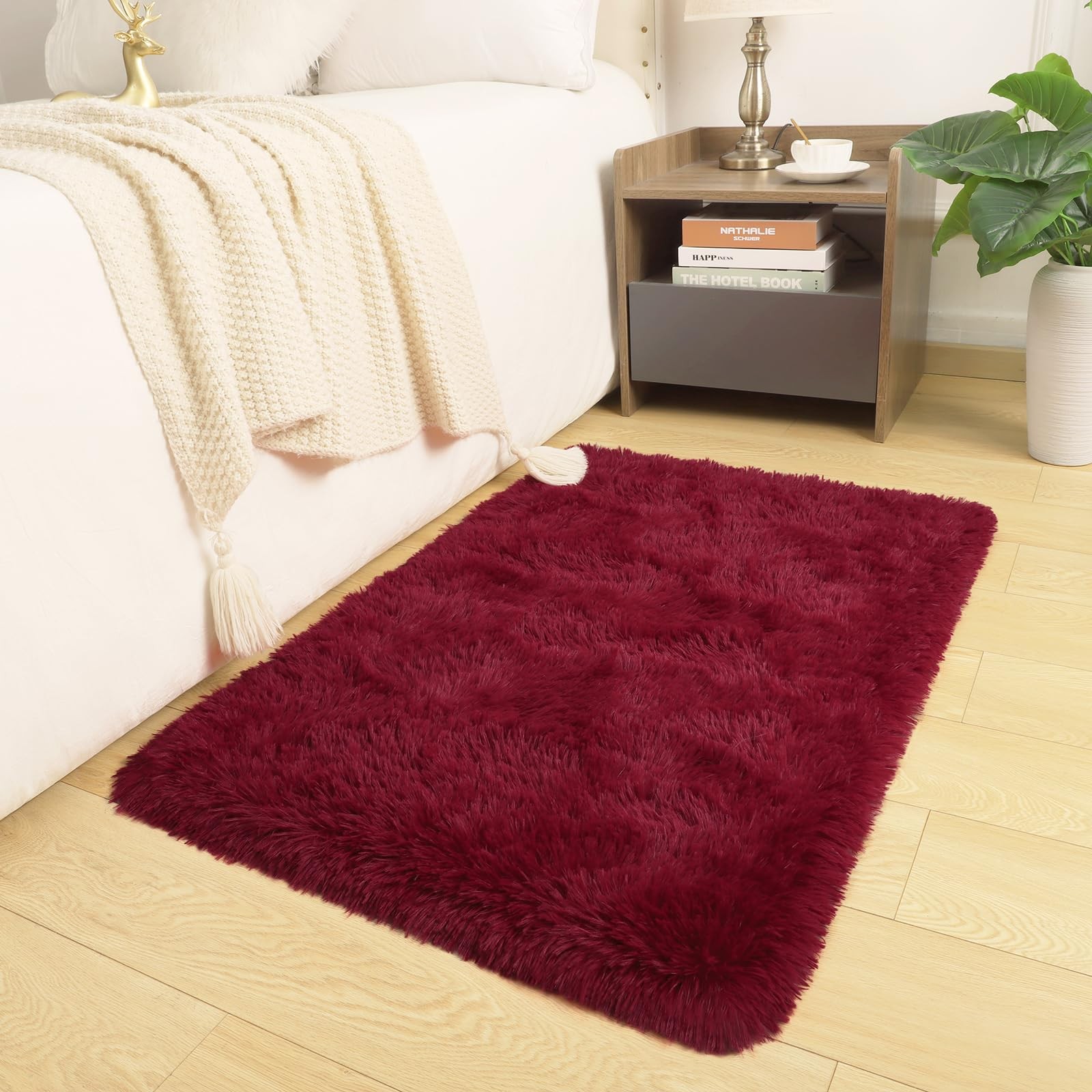 DETUM Small Rug 2×3 Fluffy Rugs for Bedroom Kicthen 2 x 3 feet Burgundy