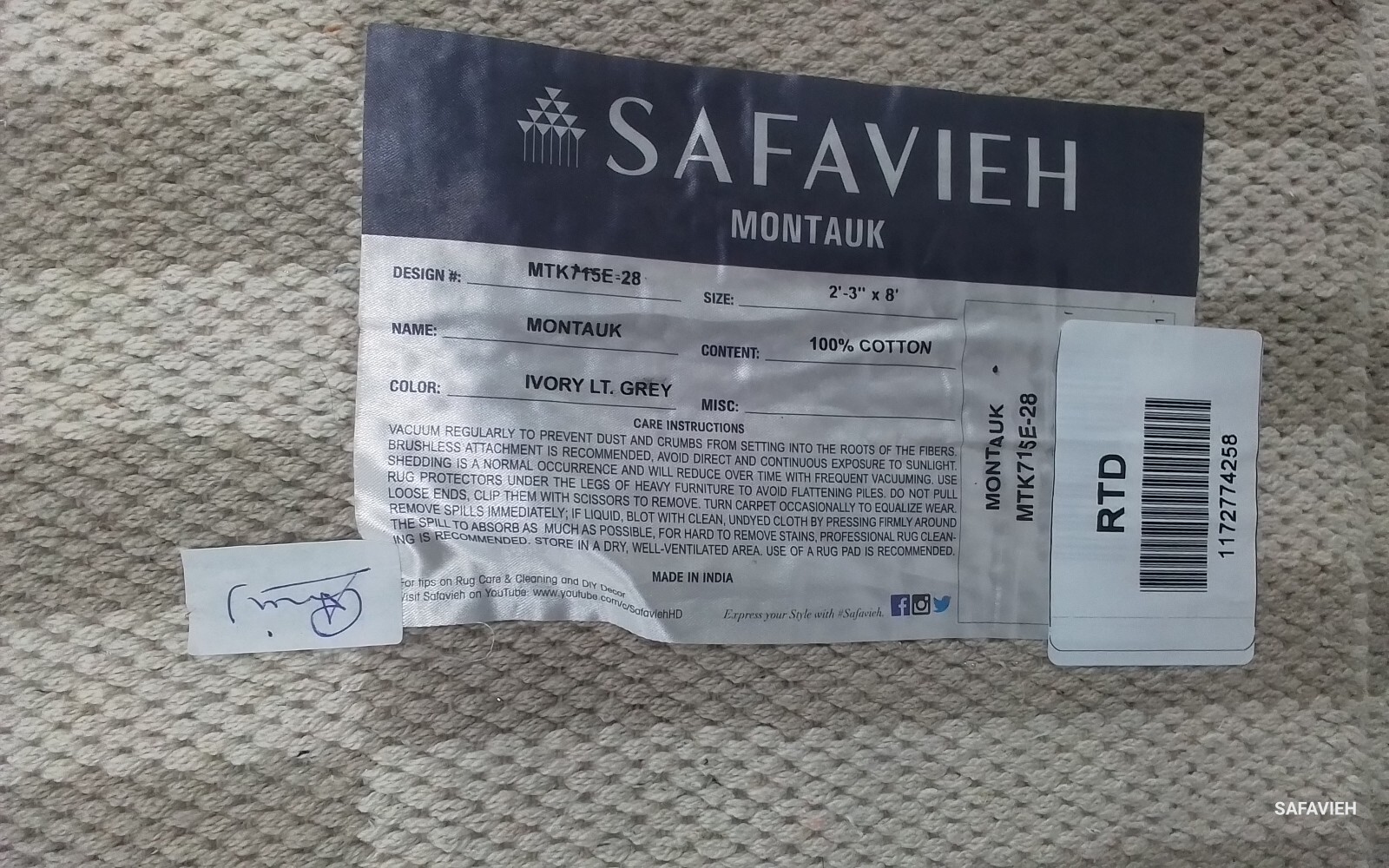 IVORY / LIGHT GREY 2′-3″ x 8′-0″ Flaw in Rug Reduced Price 1172774258 MTK715E-28