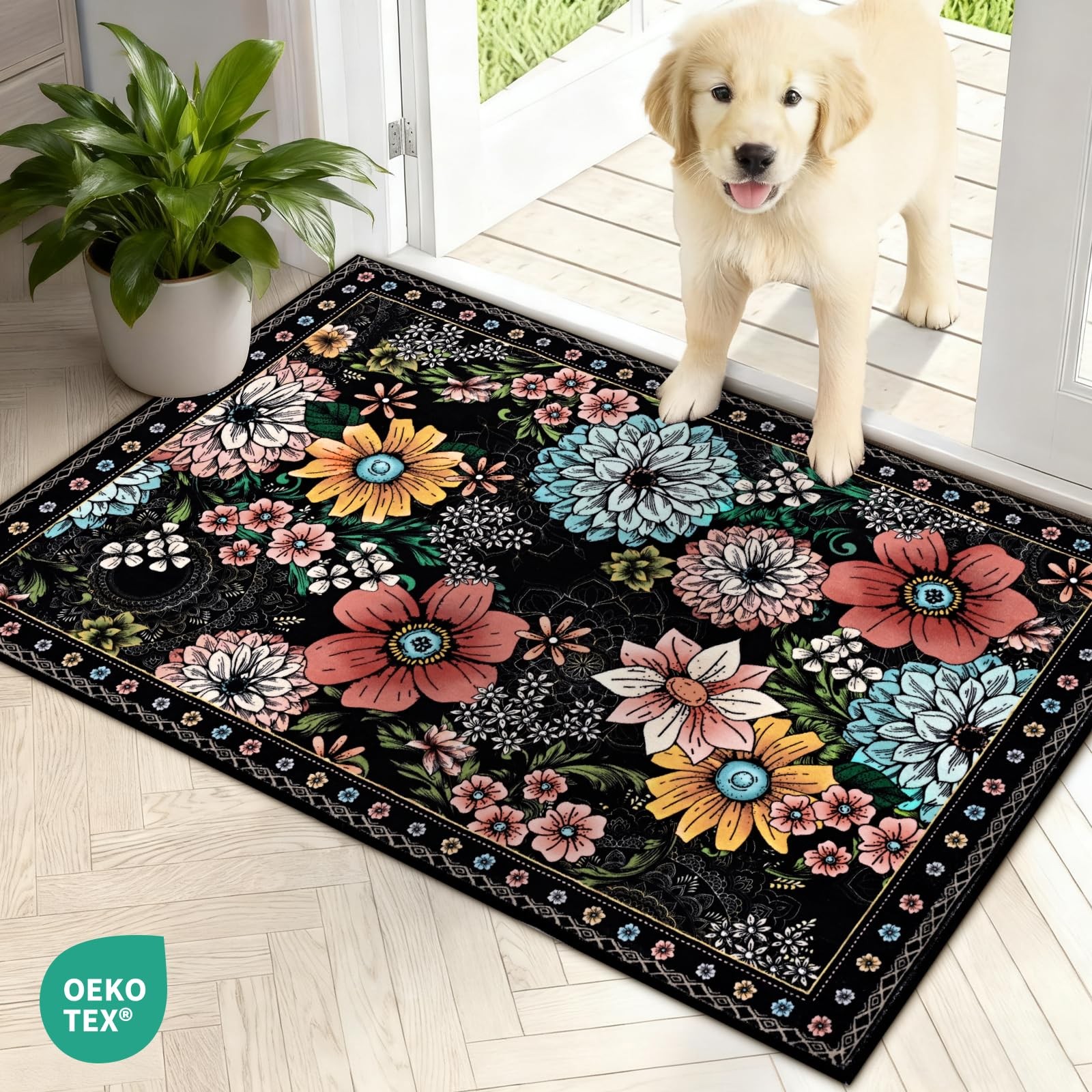 Door Mat 2×3 Non Slip Black Floral Rug for Entryway – Washable Boho Design