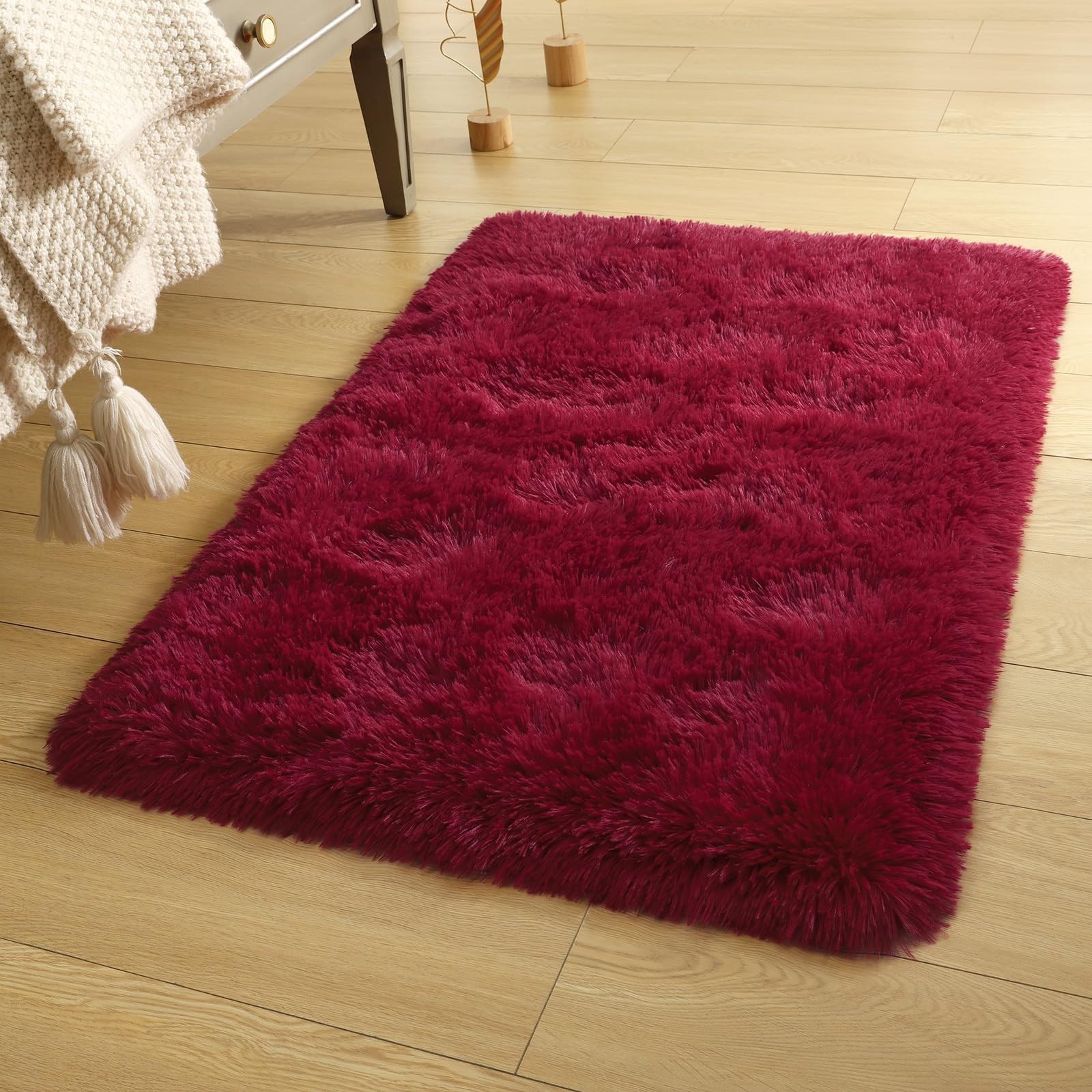 DETUM Small Rug 2×3 Fluffy Rugs for Bedroom Kicthen 2 x 3 feet Burgundy