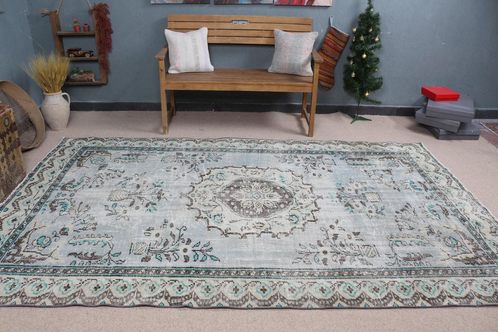 Vintage 5,9×9,6 ft Rug, Large Turkish Rug, Blue Gray Ombré Wool Rug