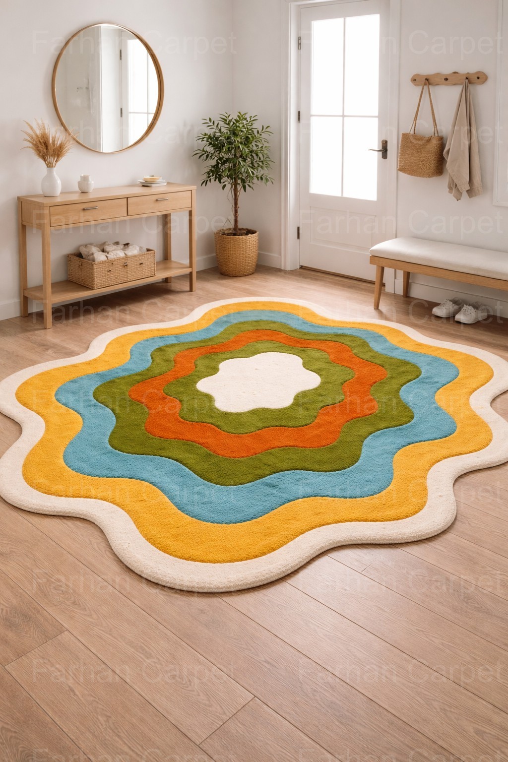 Colorful Abstract Tufted Wool Rug, Wavy Modern Area Rug, Handmade