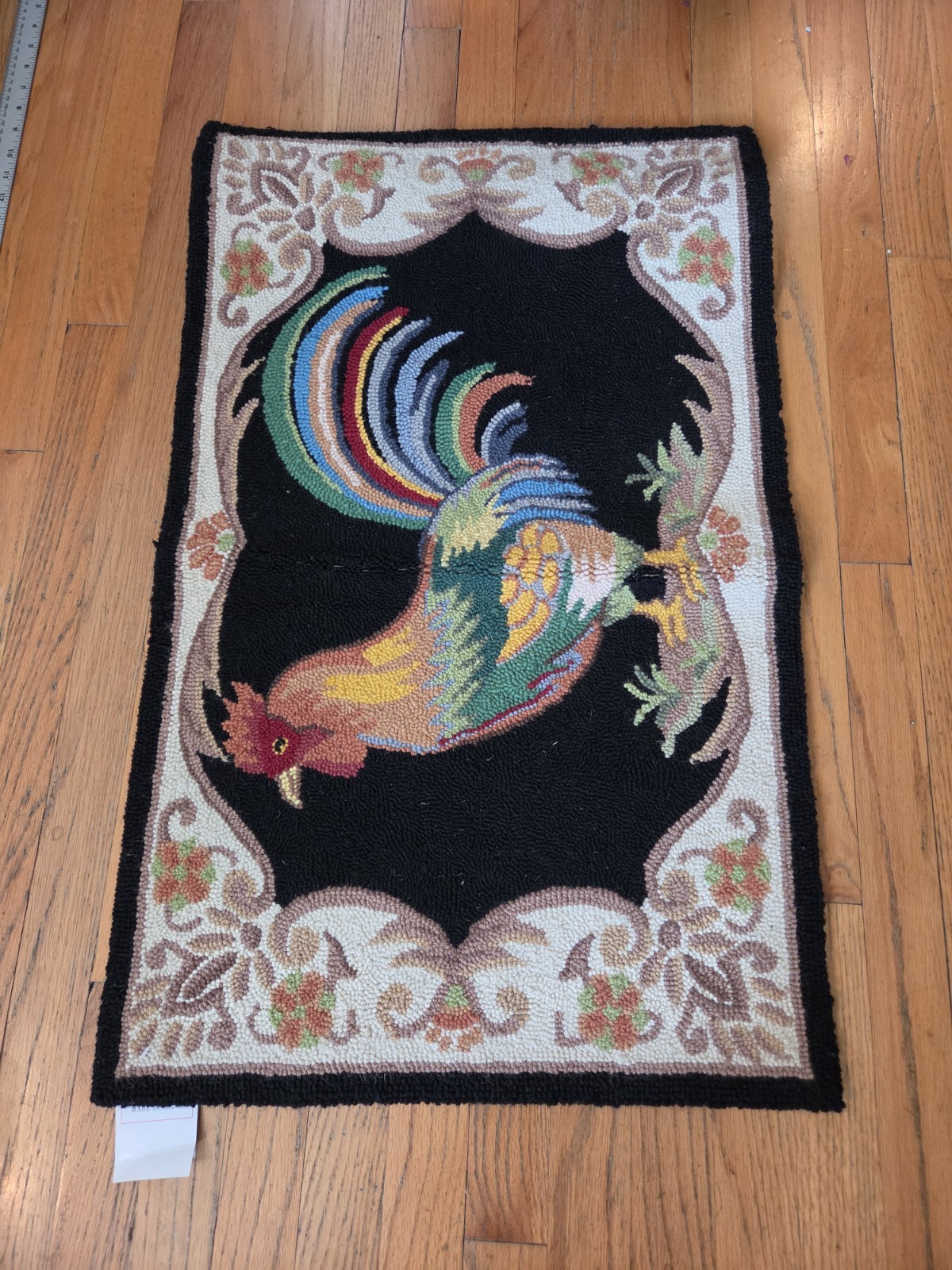 NWT Handmade Wool Oriental Hooked Rug 21″ x 33″ Rooster Style Accent Carpet
