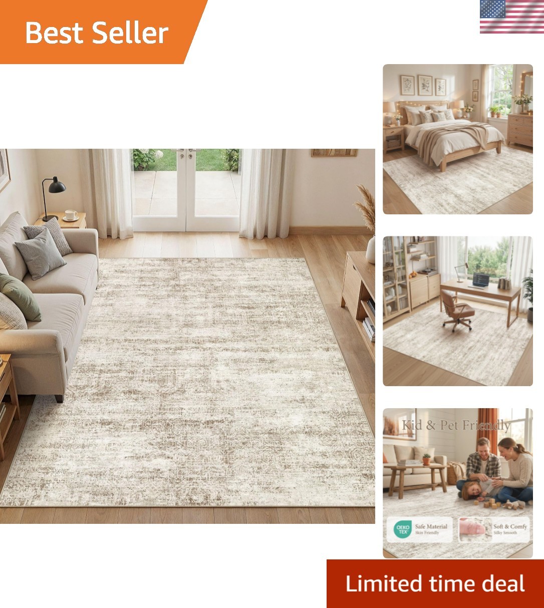 5×7 Area Rugs Living Room: Washable Non Slip Soft Abstract Beige Rugs for Bed…