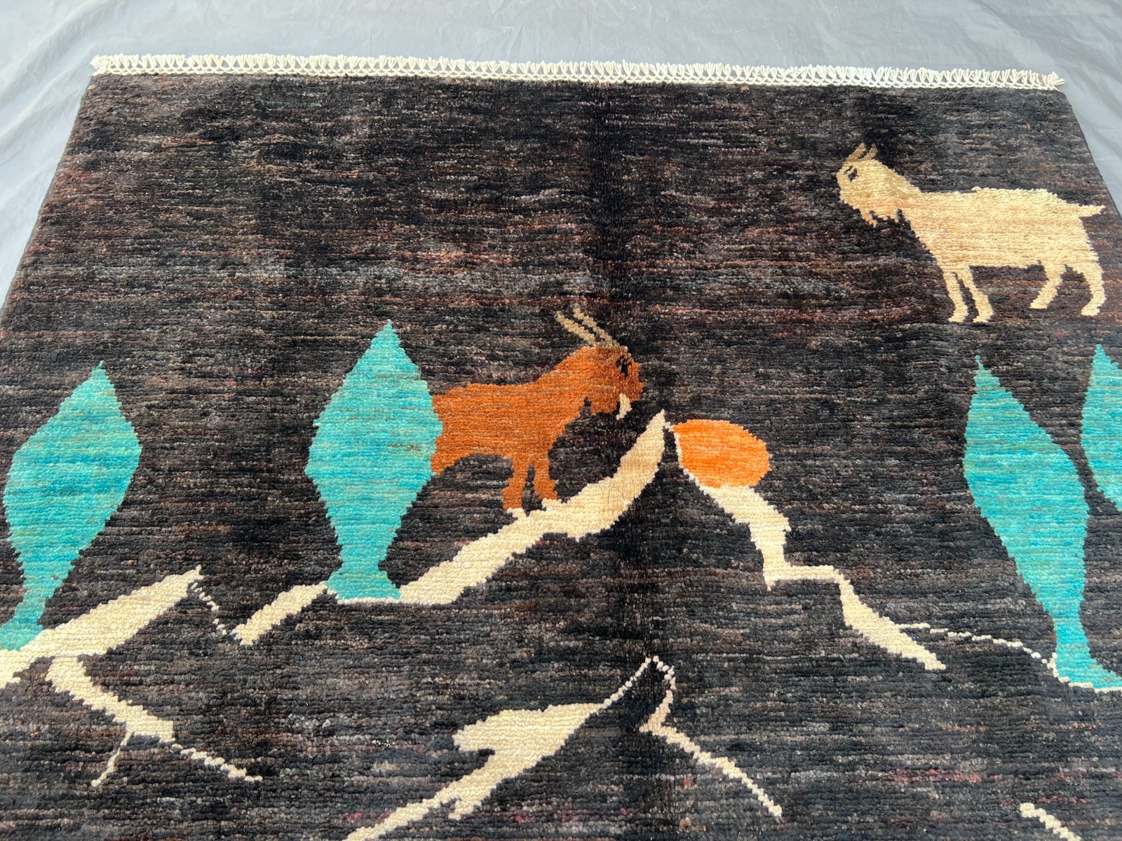 4×5 Modern Afghan Hand-Knotted Pictorial Wool Rug, Village Scene Art Bedroom Rug