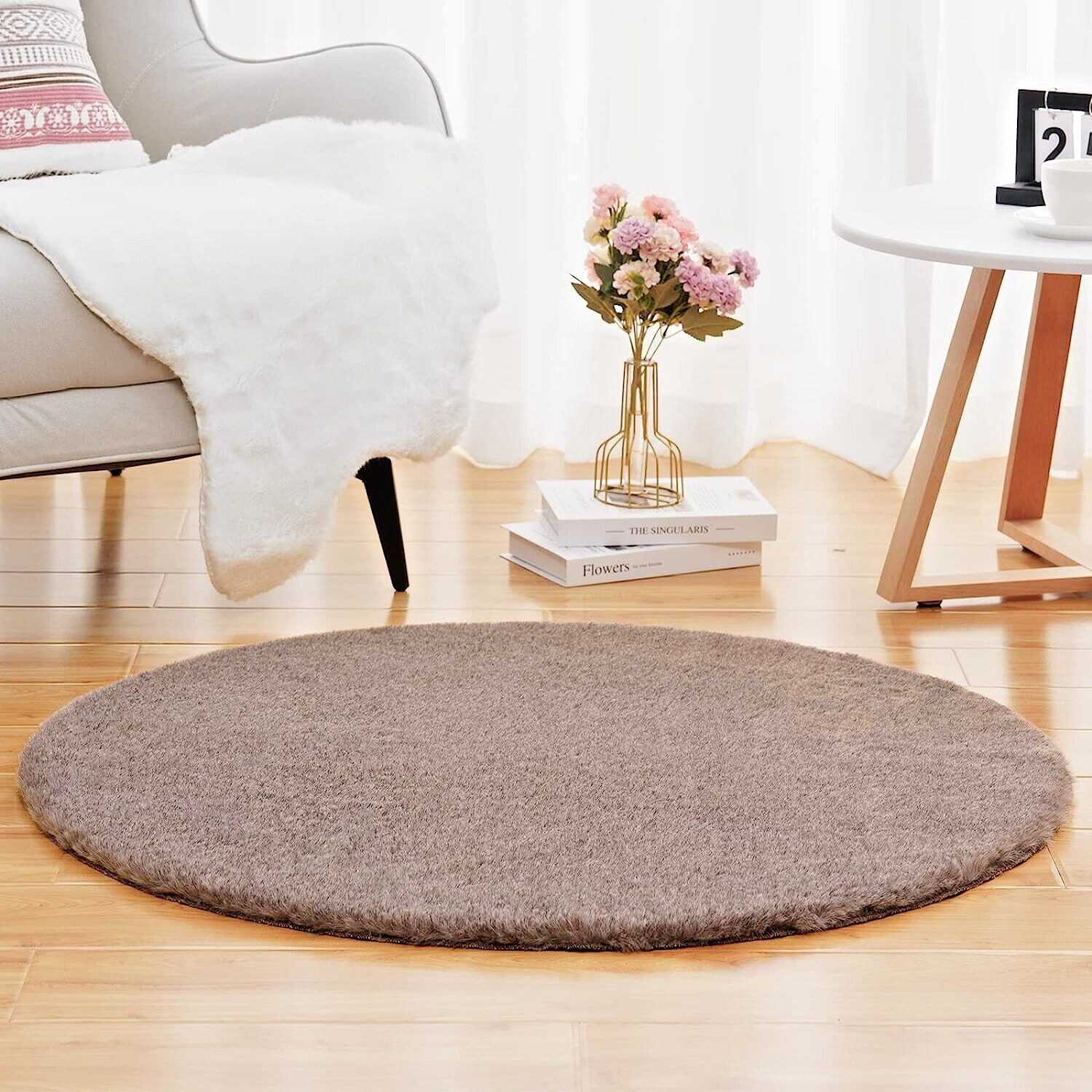 Faux Rabbit Fur Rug 3 x 3 Ft Round Circle Brown