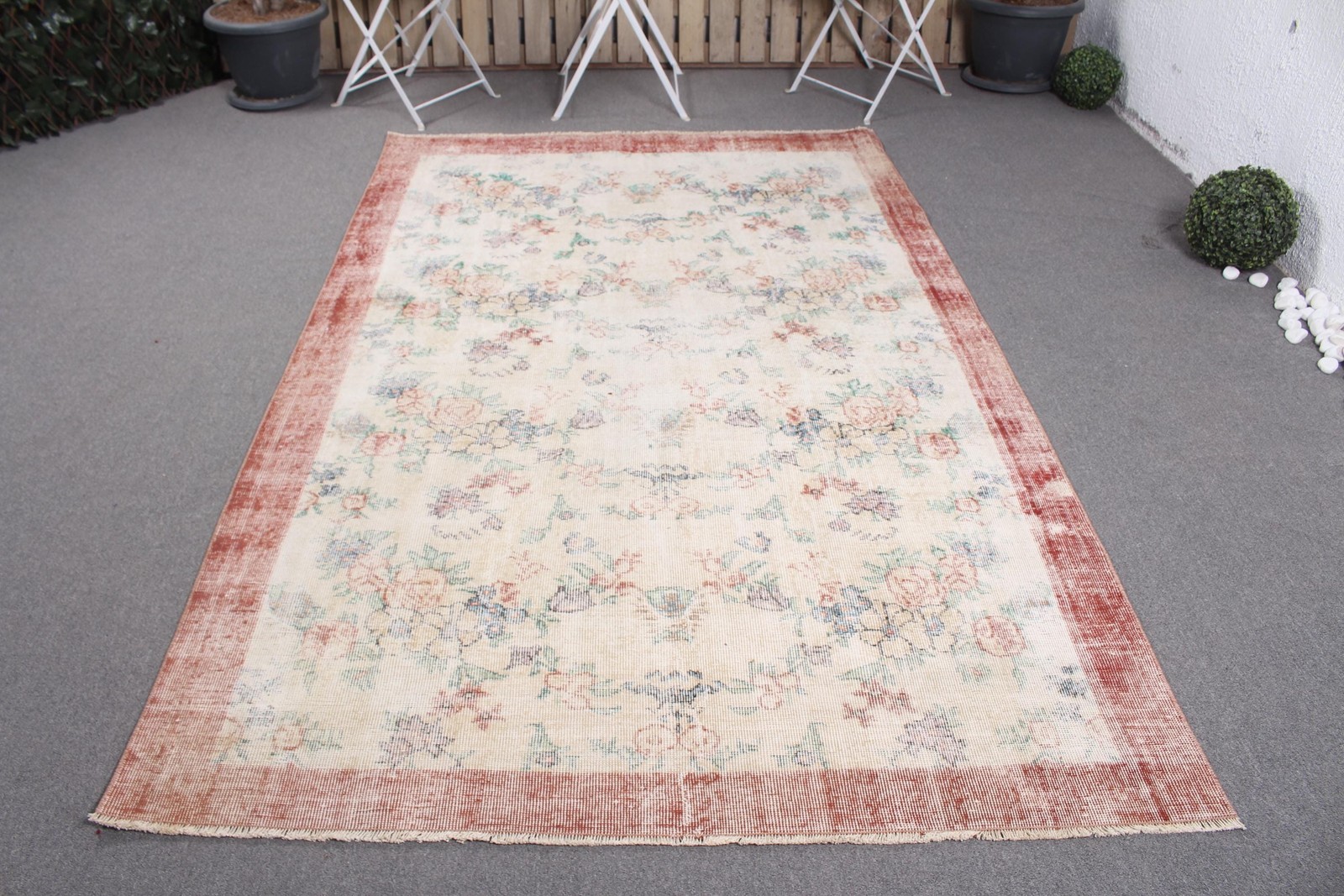 Turkish Large Rug 5,3×8,2 ft, Vintage Beige Bordered Wool Rug