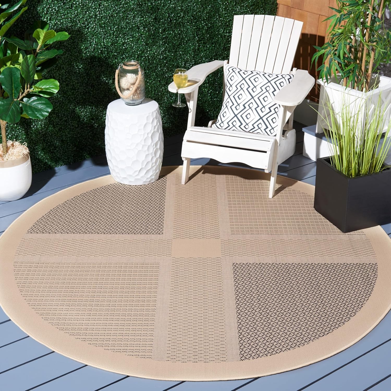 Courtyard Collection 5’3″ Round Sand / Black CY1928 Indoor/ Outdoor Waterproof