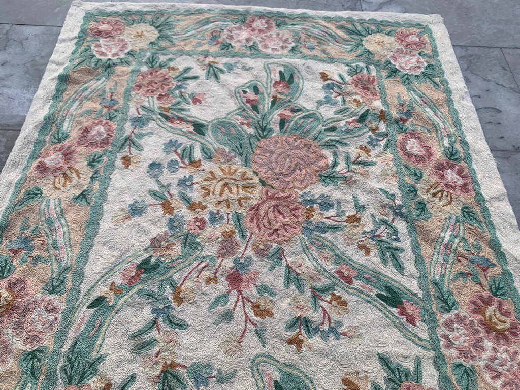Vintage French Aubusson Needlepoint Rug 3×5 Ft Handmade Chain Stitch Medallion