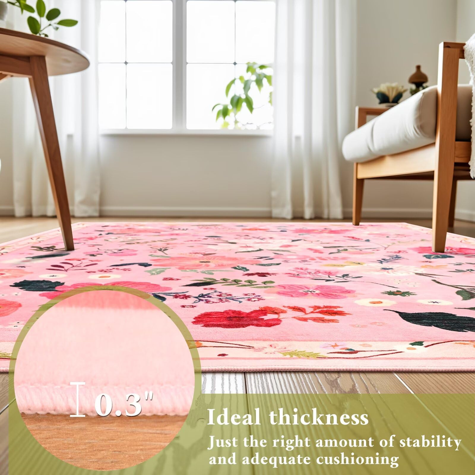 5×7 Pink Floral Rug for Living Room, Machine Washable Area Rugs with Non Slip
