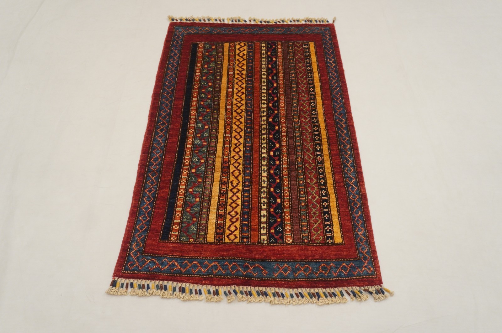 3×4 ft Red Turkish Shawl Striped Hand Knotted Wool Tribal Area Rug