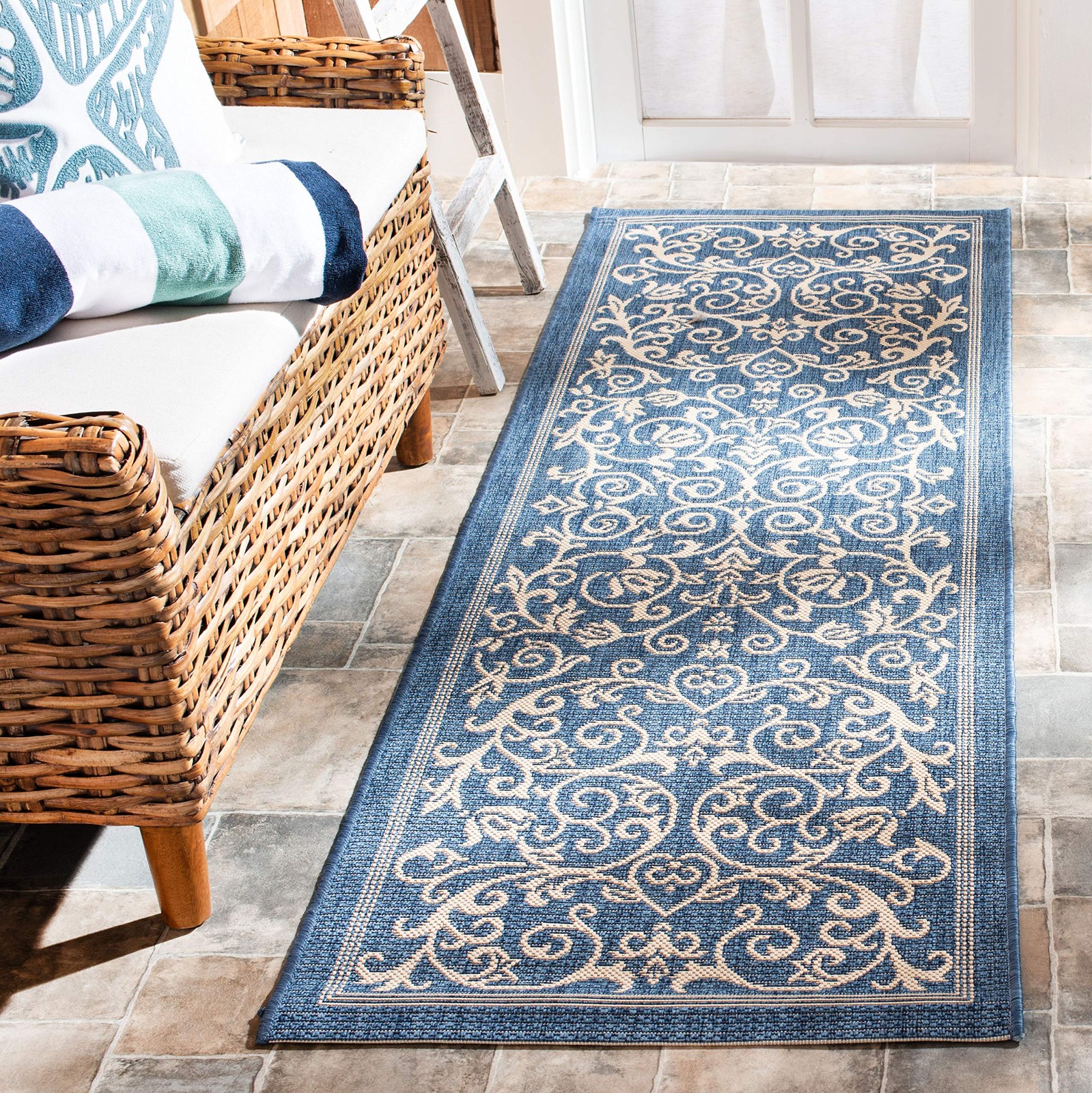 Washable Rug Outdoor Courtyard Collection – 2’3″ x 14′ Runner, Blue & Natural…