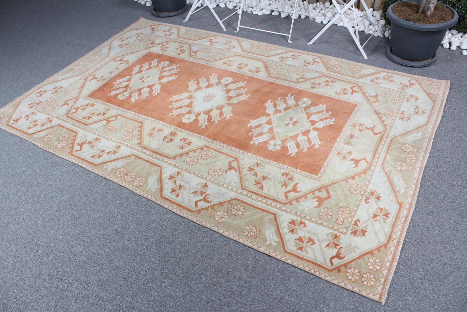 5,1×7,9 ft Rug, Large Turkish Rug, Beige Bordered Rug