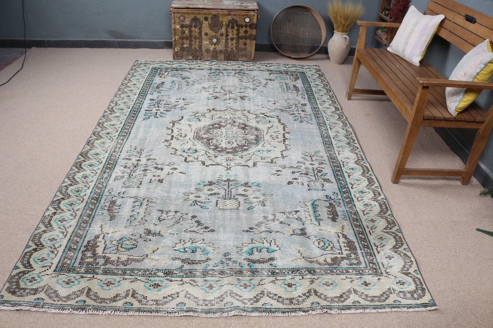 Vintage 5,9×9,6 ft Rug, Large Turkish Rug, Blue Gray Ombré Wool Rug