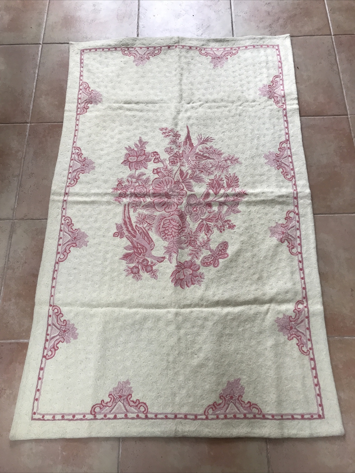 Ralph Lauren Blue Label Waitley Pink 100% Wool Chainstitch Bird Floral Rug 3’x5′
