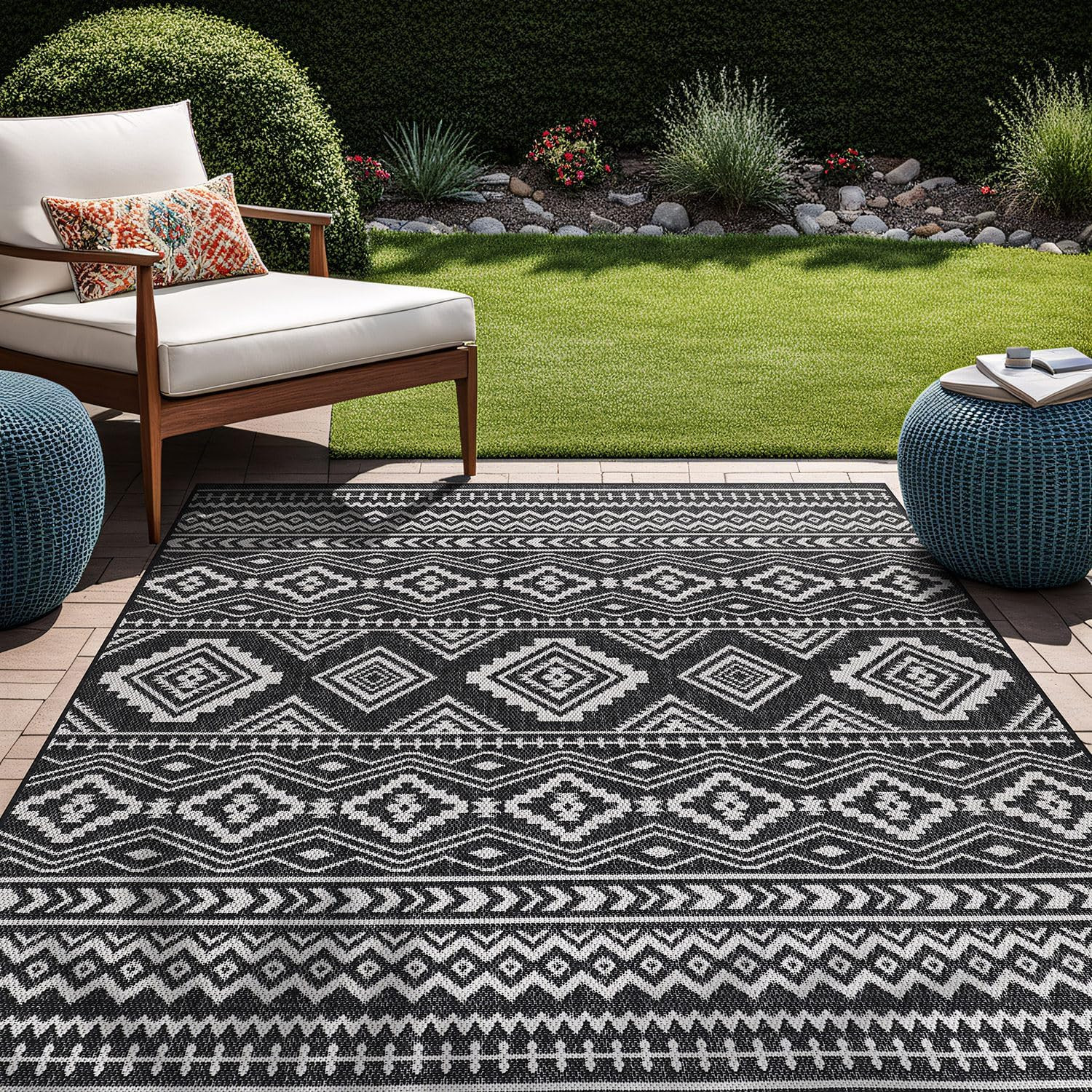 Waikiki Boho Indoor Outdoor Rug 5X7, Washable outside Carpet for Patio, Deck, Po