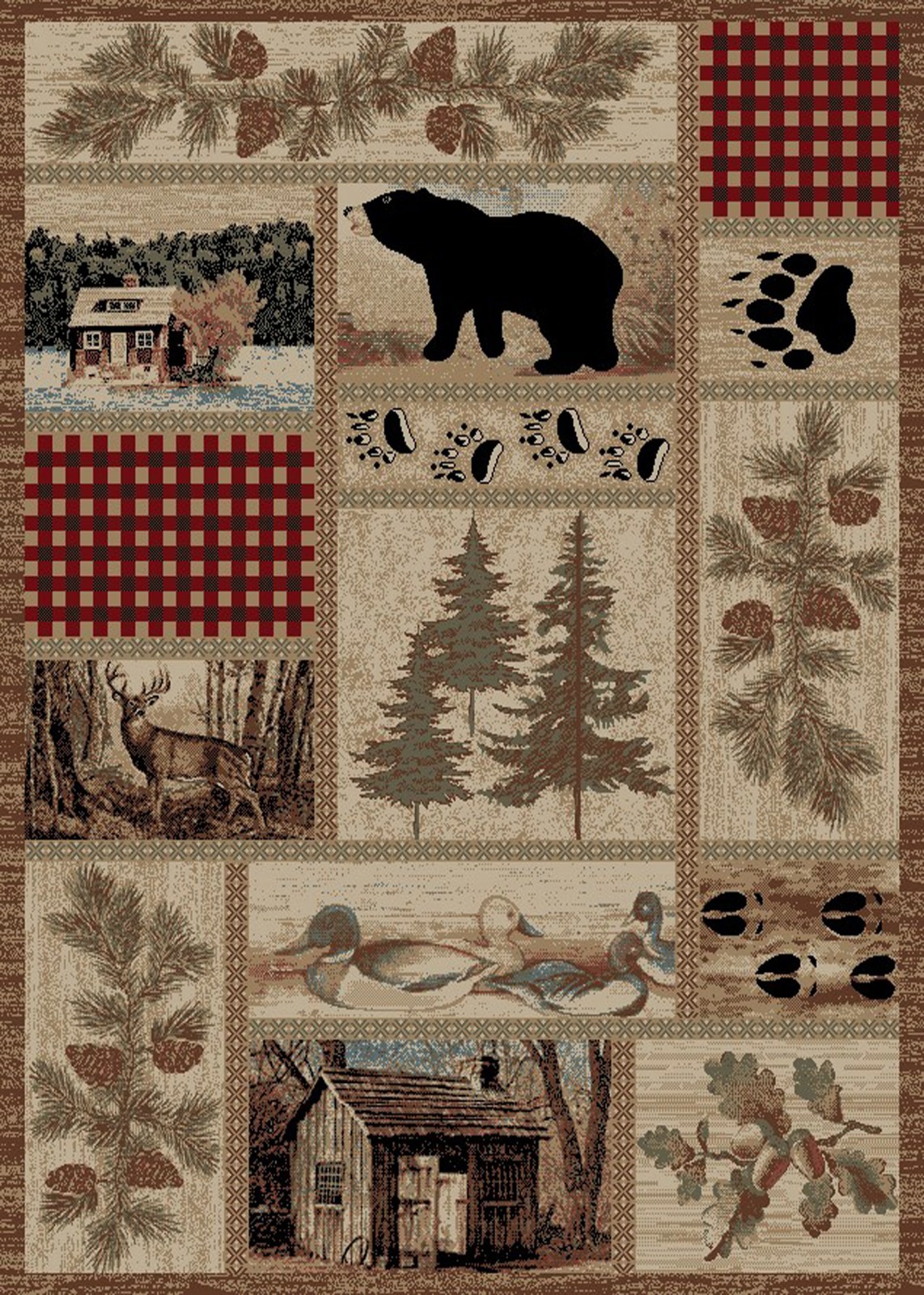 8X10 Lodge Cabin Area Rug Bear Paw Pinecone Pine Tree Duck Buck Deer Beige Brown