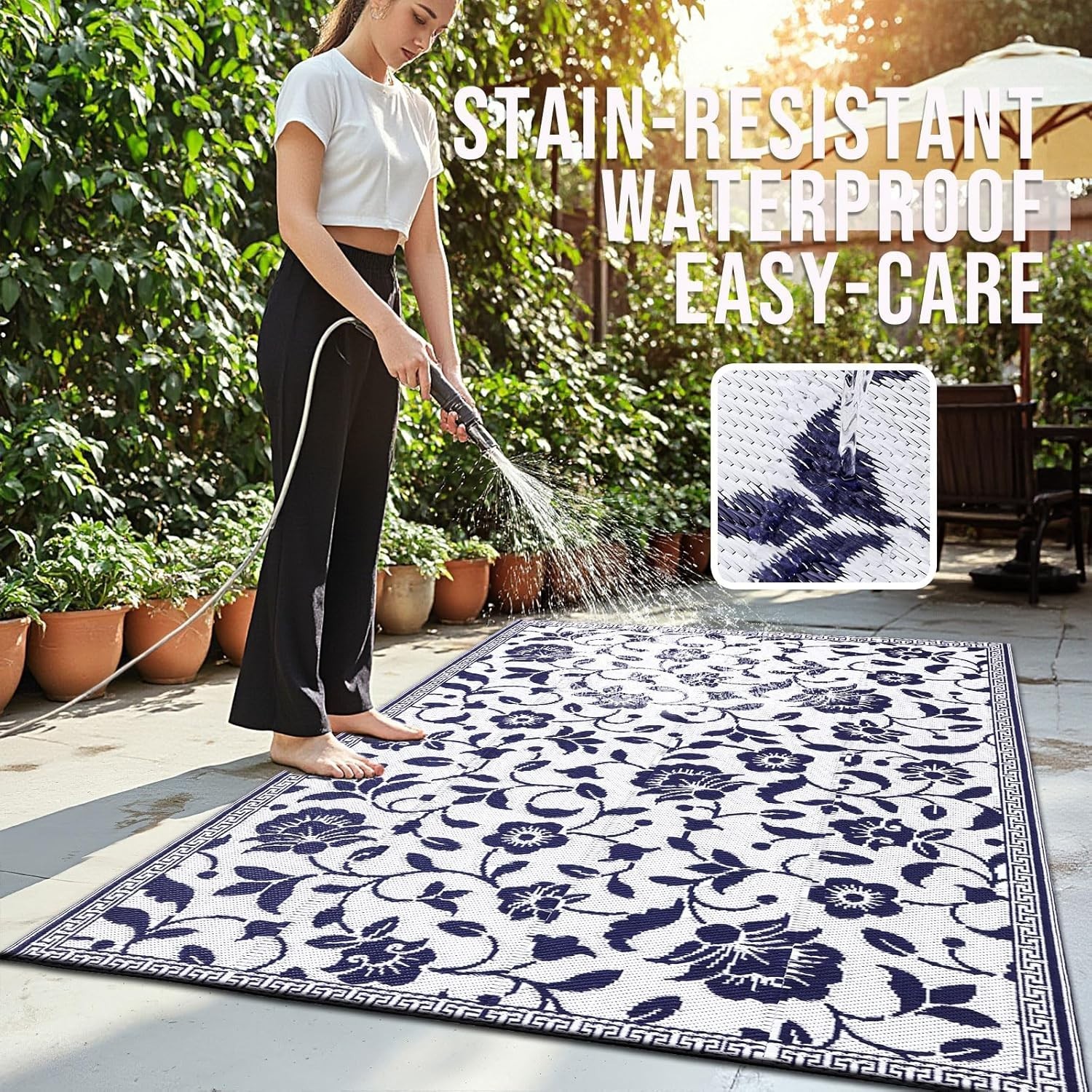Waterproof Outdoor Rug 5×8 ft Reversible Floral Patio Mat Navy White