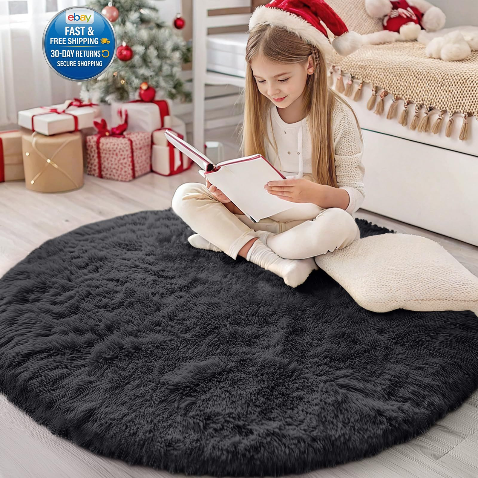 Black Round Rugs for Bedroom – Machine Washable, 4 4 Ft Round,