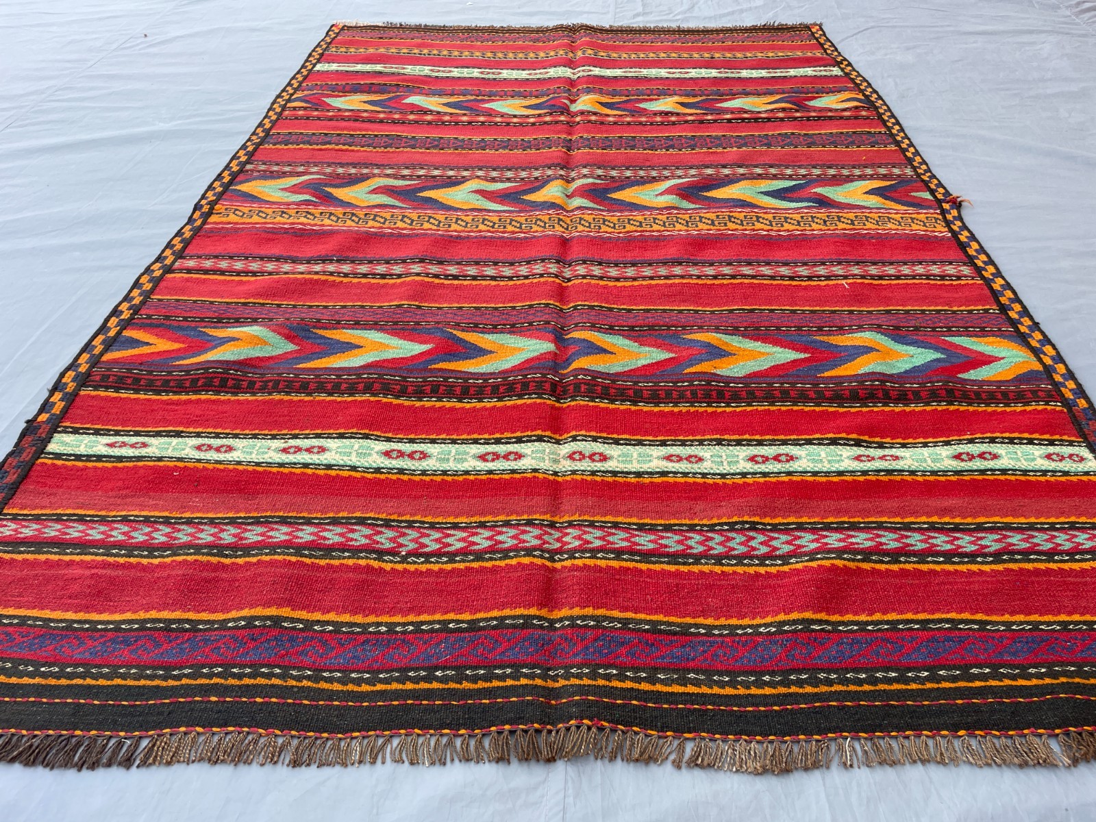 5×7 Handmade Afghan Kilim Rug Red Tribal Stripe Flatweave Carpet Colorful Boho